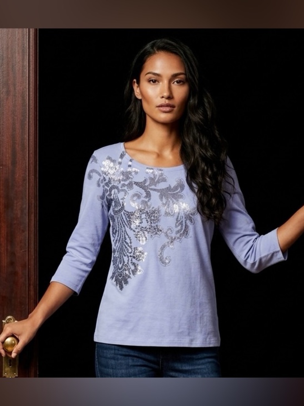 Zenergy By Chicos Knit 3/4 Sleeve Embellished Top Lilac Silver Size 1(M 8-10) - Picture 2 of 13